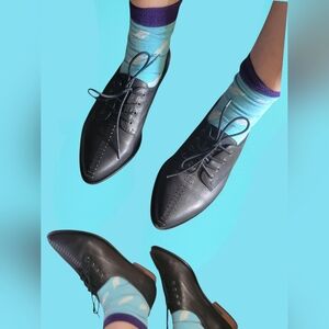 Anthropologie X Kelsi Dagger Bklyn Black Leather Oxfords Stapled Pierced 8.5